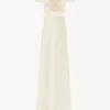Cap-sleeve column dress in washed silk satin & lace