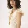 Cap-sleeve column dress in washed silk satin & lace