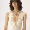 Cap-sleeve column dress in washed silk satin & lace
