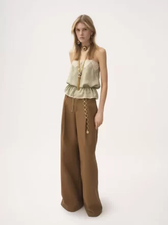 Drawstring camisole top in silk jacquard & lace