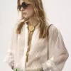 Gathered blouse in silk mousseline & lace