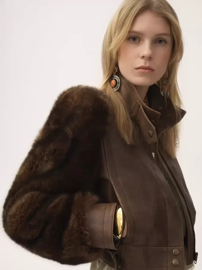 High-neck short jacket in leather