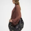 Large Bracelet hobo bag in grained leather with studs