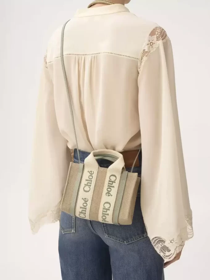 Mini Woody tote bag in linen & leather