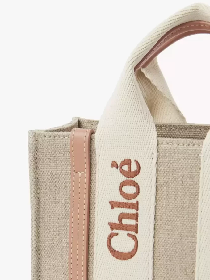 Mini Woody tote bag in linen & leather