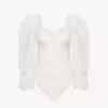 Puff-sleeve bodysuit in shiny stretch jersey & lace