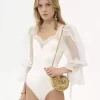 Puff-sleeve bodysuit in shiny stretch jersey & lace