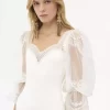 Puff-sleeve bodysuit in shiny stretch jersey & lace