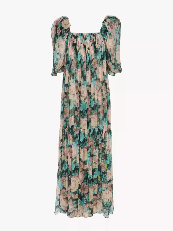 Puff-sleeve long dress in silk mousseline Puff-sleeve long dress in silk mousseline