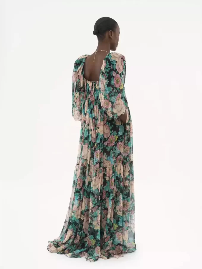 Puff-sleeve long dress in silk mousseline Puff-sleeve long dress in silk mousseline