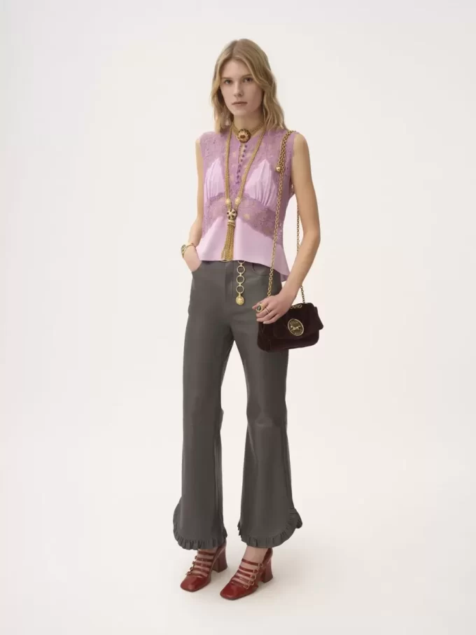 Ruffled flared pants in leather