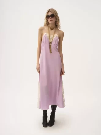 Thin-strap midi dress in crêpe de chine & lace
