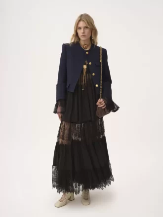 Tiered long skirt in silk georgette & lace