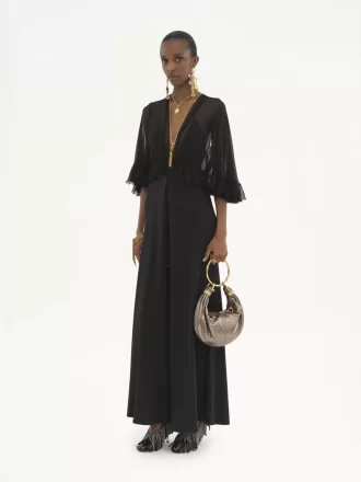 V-neck long dress in crêpe satin
