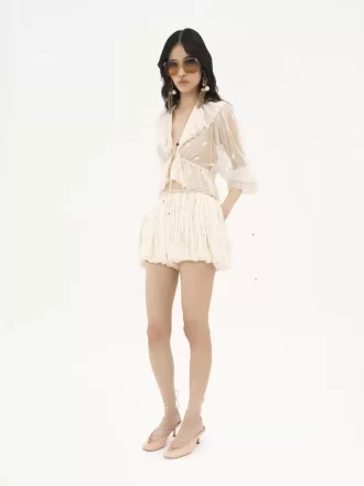 V-neck ruffle top in embroidered lace