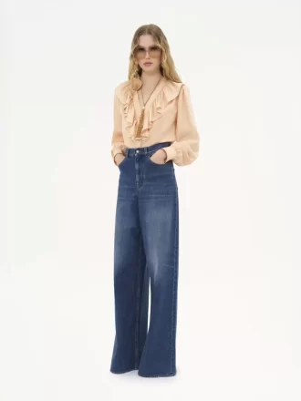 V-neck ruffled blouse in silk habotai